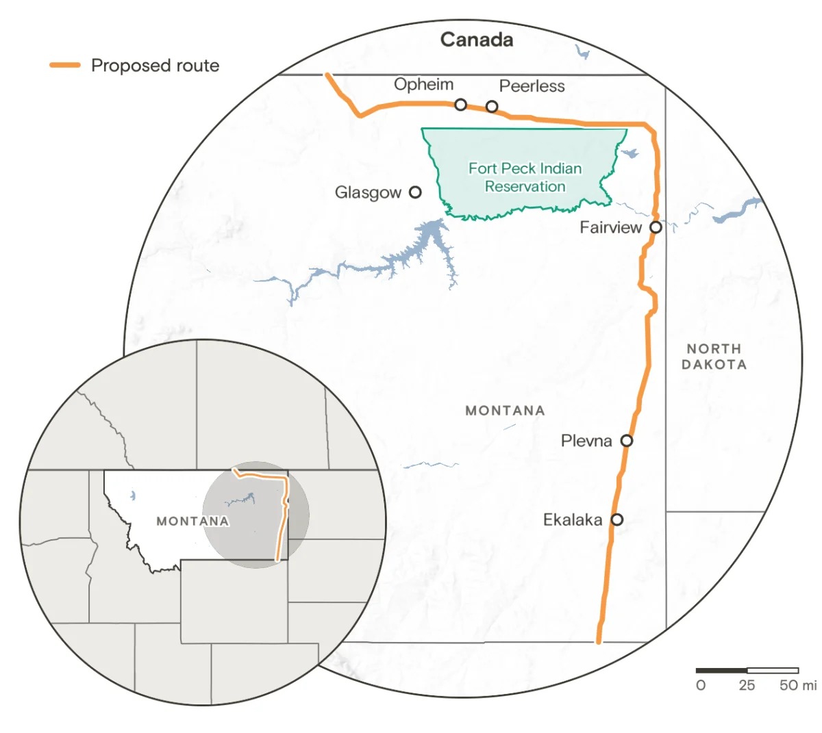 Map of the proposed Bridger pipeline route through eastern Montana, from the Canadian border south to the Wyoming line, with the Fort Peck Indian Reservation and the communities in this story marked.